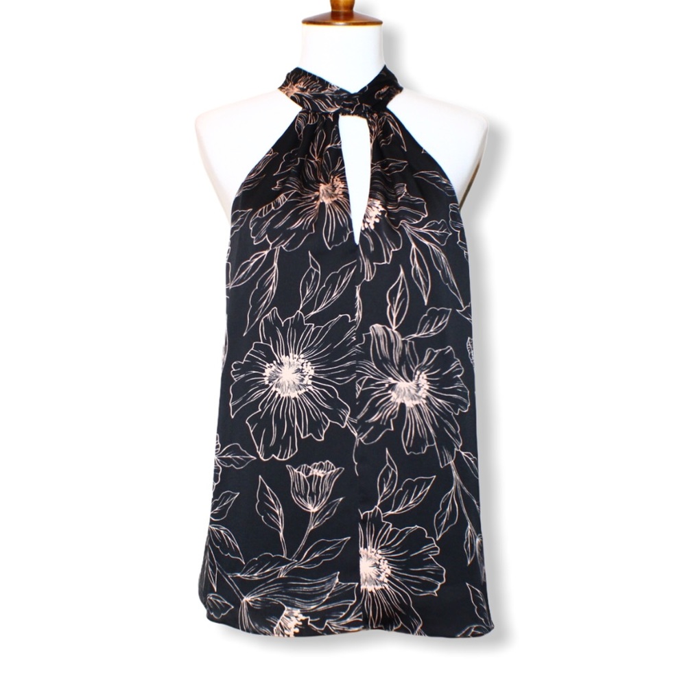 Joie Black/Pink Sateen Floral Trapeze Halter Top